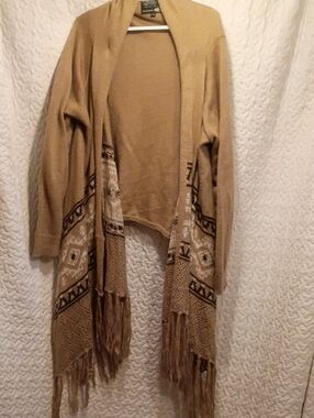 Open-Front Fringe Cardigan in Camel with Patterned Panels